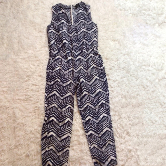 J. Crew Linen Jumpsuit Straight Leg Chevron Geo Zig Zag Blue White 4 Small - Picture 2 of 7